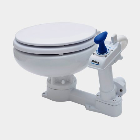 Handmatig boottoilet Albin Comfort Low, voor zeewatervulling, grote pot, extra laag, met vergrendelbare uitlaatklep