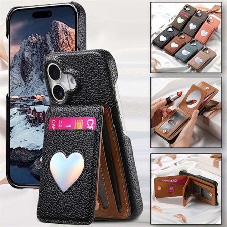 Etui til iPhone 16 Pro, sort, japansk og koreansk, enkelt læder, laserhjerte spejl