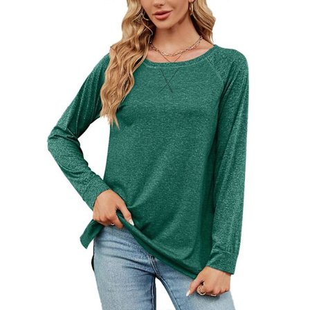 Dame Høst T-skjorte Langermet Rund Hals T-skjorter Casual Løs T-skjorte Mote Bluser Topper Tunikaer Tees Solid Farge mørkegrønn XXL
