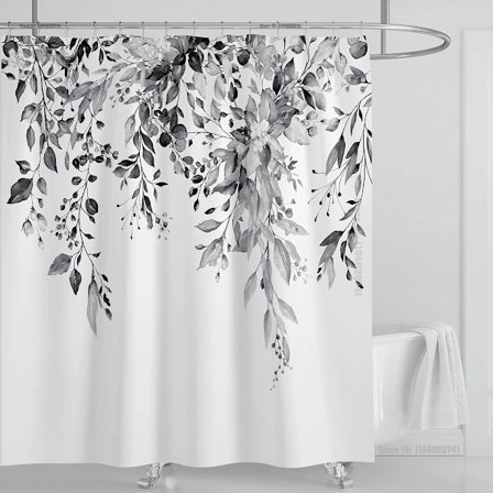 Smaragdgrøn Eukalyptus Bruseforhæng Stof, Sammenflettede Planteblade med Blomstret Bruseforhængssæt med Kroge, B180xH220cm