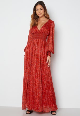Goddiva Ditsy Long Sleeve Shirred Maxi Dress Red Klær