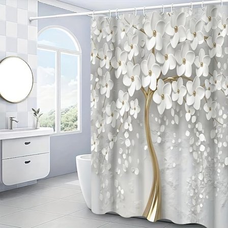 Lollanda Vedenpitävä Suihkuverho Valkoiset kukat, kylpyhuoneen verho 3D-kukka koukuilla 180x180cm