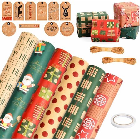 Pakke med 6 julegavepapir, 50 x 70 cm, genbrugspapir til gaveindpakning, julegavepapir, gavepapir til jul