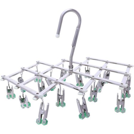 Tørrestativ i rustfrit stål, tørrestativ med 18 klemmer til undertøj, sokker, bh, trusser, handsker, vindtæt, sammenklappelig, bærbar, hurtig