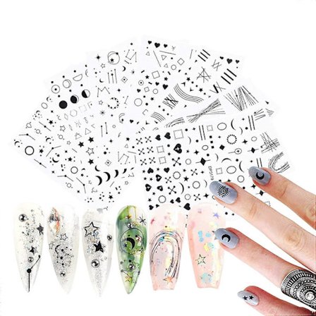 7 Arkkia Mustat Tähdet Kuut Viiva Kynsitarroja, 3D Musta Tähti Kaari Kuu Geometrinen Viiva Rakkaus Sydän Itseliimautuva Kynsikoriste Akryylikynsille, 