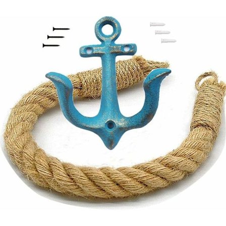 Nautisk reb toiletrulleholder, badeværelses håndklædestang, vægmonteret gardinstang, metalanker krog til strandtema badeværelse indretning.