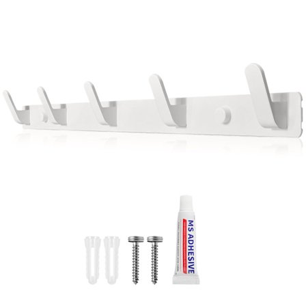 Væghængt Knagerække Hvid Knagerække med 5 Kroge To Installationsmetoder (med Lim og Skruer) til Entré Soveværelse Badeværelse (hvid)