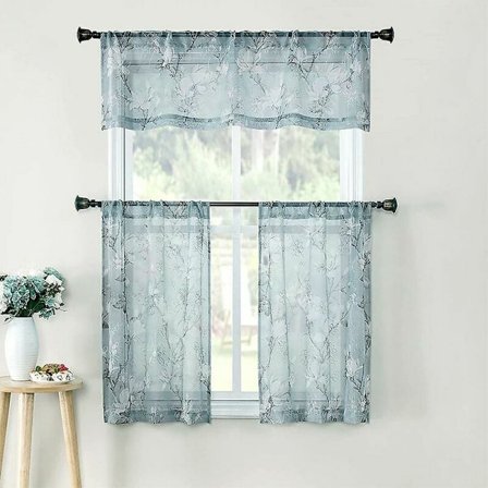 Broderade små fönsterköksgardiner korta tyllgardiner (blå)