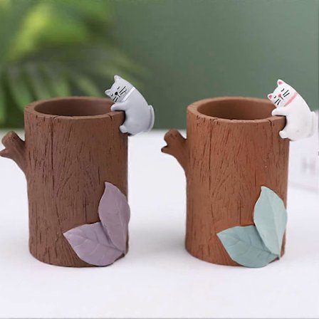 Mini Katt Skrivbords Pennahållare Söt Cartoon Trä Katt Pennahållare Pennaburk Skrivbordsförvaring (Vit Katt)