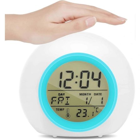 Digital Vekkerklokke Seng Treningsklokke, Sengvekkeklokke med 7 fargeskiftende Nattlamper og 8 Alarmtoner, Temperatur, Kalender, Musikk