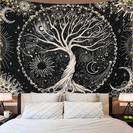 Livets Træ Tapet Trippy Mandala Vægtapet Sort Galaxy Stjerner Tapet Boheme Æstetisk Vægophæng (150 cm X 200 cm, Sort)