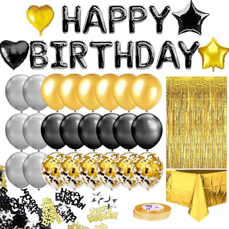 Svart guld födelsedagsfestdekoration, svart grattis på födelsedagen banderoll, gyllene fransgardin, folie bordsduk, hjärta stjärna konfetti ballonger,