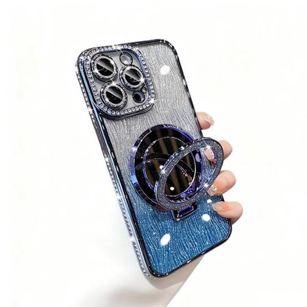 Magnetisk iPhone 15 Serie Cover med Stativ og Spejl (blå, 15 plus)