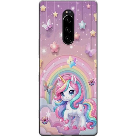 Kompatibel Mobilcover til Sony Xperia 1 Magisk enhjørning med regnbue manke, stjerner og sommerfugle mod en pastelfarvet himmel med skyer