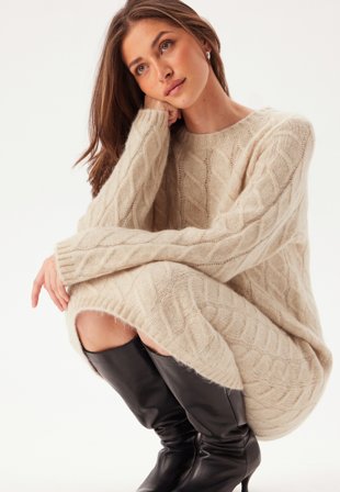 SELECTED FEMME - Slfalmina Ls Knit Cable Dress - Birch Detail:Melange - Kläder - - Bubbleroom