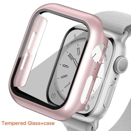 Glas+ cover För Apple Watch Case series 9 8 7 6 5 4 3 SE 45mm 41mm 44mm 42mm iWatch Skärmskydd för Apple Watch Tillbehör Rose gold 18 Series 123 42MM