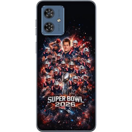 Yhteensopiva Puhelinkuori Motorola Moto G54 Super Bowl 2026 juliste, jossa New England Patriots ja NFL-mestaruuspalkinto räjähtävän urheilullisessa su