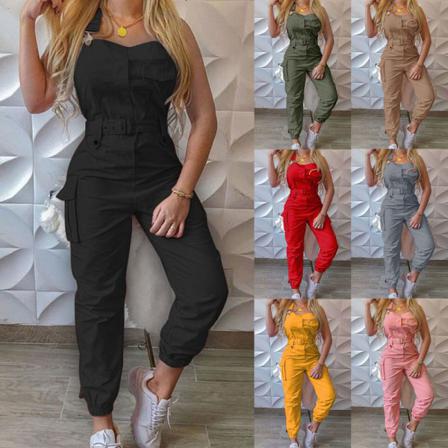Kvinnor Bältade Jumpsuits Playsuit Sommar Cargo Pocket Romper Pants