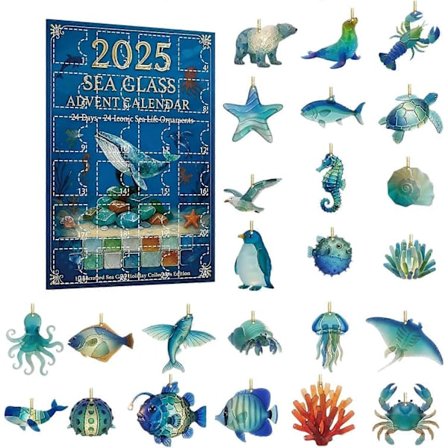 2025 Merilasi Valtameriseikkailukalenteri, 24 päivän valtameriteemainen joulun odotus -kalenteri, sisältää 24 realistista merieläinkoristetta, 
