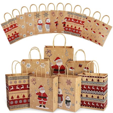 24 st Återanvändbara Julgodisväskor, Presentpåsar i Papper med Handtag & Jultryck, Julklappspåsar Julklappspåsar Julklappspåsar Fest