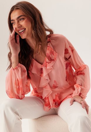 BUBBLEROOM - Frill Chiffon Blouse - Pink/Floral