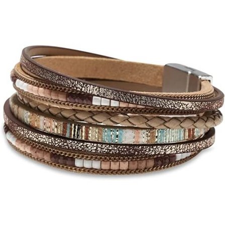 Læder Wrap Armbånd til Kvinder, Boho Leopard Multi-Layer Krystal Perler Manschet Armbånd Smykker