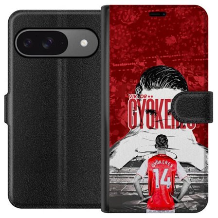 Yhteensopiva Lompakkokotelo Google Pixel 9 Punainen dramaattinen kollaasikuva, jossa esiintyy Viktor Gyökeresin muotokuva ja pelaajia takaapäin areena