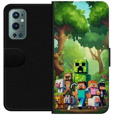 Yhteensopiva Lompakkokotelo OnePlus 9 Pro Jämäkkä pikselöity pelimaailma, jossa vihreät hahmot ja eläimet rehevässä metsäympäristössä
