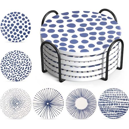 Drinks Coasters Sæt med 6, Runde Absorberende Keramiske Coasters med Holder, Coasters med Skridsikre og Ridsefast Korkbund (Uregelmæssig)