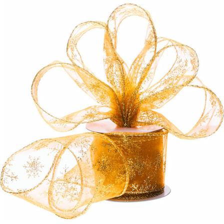 Kulta Organza Lahjanauha - Joulunauha Langalla Lahjanpakkaus 10m x 63mm Paljeteilla ja Lumikiteill Joulukoristeisiin - Organzanauha
