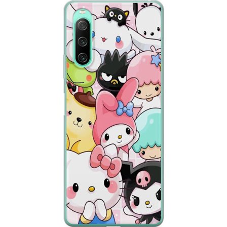 Kompatibelt Mobildeksel til Sony Xperia 10 IV Tett mønster av søte figurer med store øyne i ulike farger og uttrykk med LABUBU-tekst