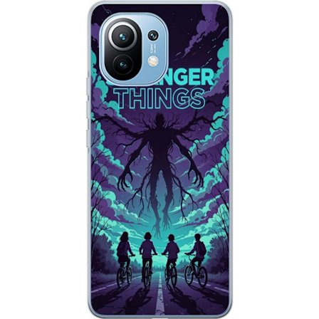 Yhteensopiva Puhelinkuori Xiaomi Xiaomi Mi 11 Stranger Things -inspiroitunut fantasiaillustraatio, jossa on tumma hirviö, pyöräilevät lapset ja dr
