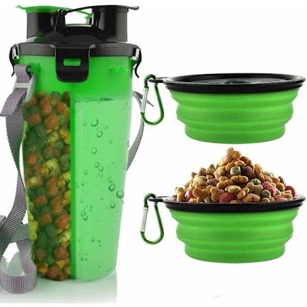 Vattenflaska för hund med 2 hopfällbara skålar, bärbar 2-i-1 vattenflaska och mat för hundar katter husdjur, (grön)