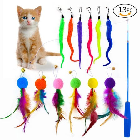 Kat Teaser Stang Interaktivt Kattelegetøj Fjer Da Bird Kat Udtrækkelig Fiskestang Legetøjssæt (1 Stang og 12 Refill Fjer)
