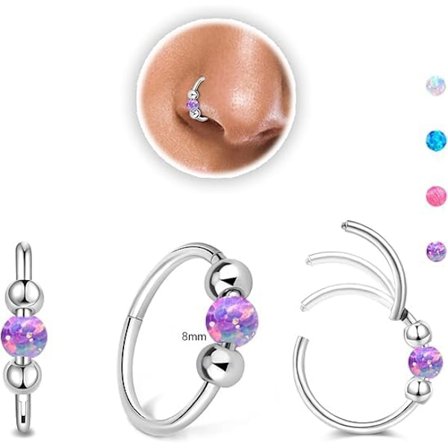 Næsering, Opal Næsering, Smykke 8MM 316L Medicinsk Stål Antiallergisk Sølv Næsering, Dame Næsering Øreringe (Lilla)