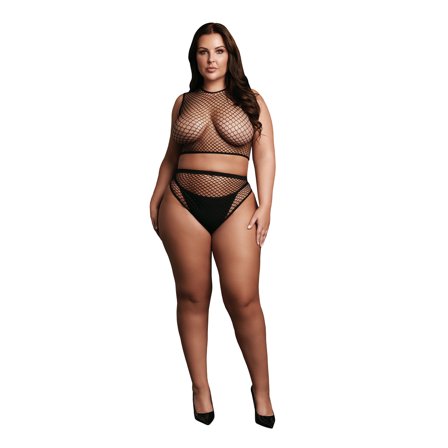 Shots: 2 Pc Crop Top - Pantie and Fishnet Structure Plus Size - Black - Vuxen.dk: Lingeri & undertøj