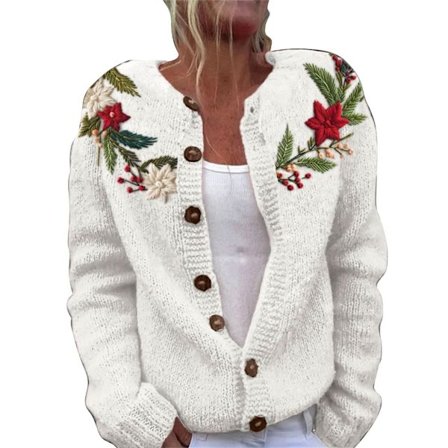 Julkofta för damer i stora storlekar med tryck, knappar, varm och bekväm grovstickad jacka för vintern