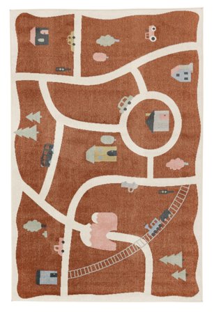 Washable Kids Rug Playful Road Motif Road Map Rust Red/Multicolor Small Oeko-Tex