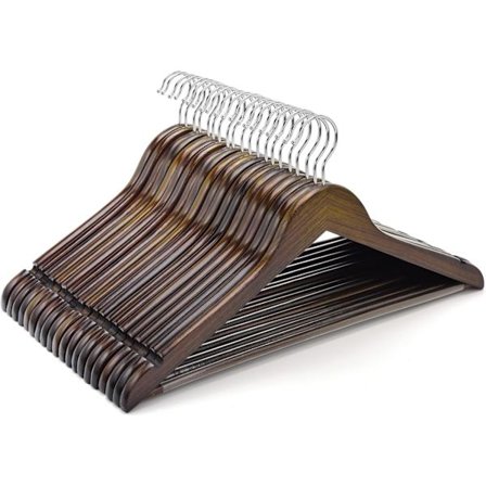 10 stk. 44,5 cm Antikk Kleshenger i Tre, Plassbesparende Retro Kleshenger i Tre med Sklisikker Buksebar og Skulderhakk