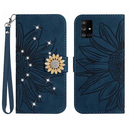 Kompatibel med Samsung Galaxy A51 5G Präglad Solros med Diamanter Magnetisk Korthållare Plånboksfodral med Kort Rem-lingling}