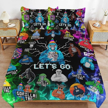 c145 Gorilla Tag -vuodevaatesetti, peittopussi, mukava ja kevyt, sarjakuva-vuodevaatteet, 3-osainen vuodesetti, yhden hengen (1 peittopussi ja 2 