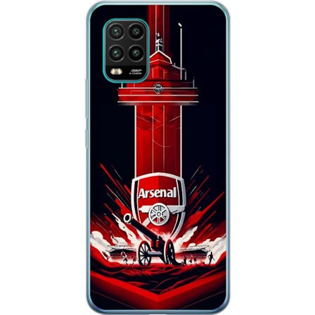 Yhteensopiva Puhelinkuori Xiaomi Mi 10 Lite 5G Arsenal-embleemi, jossa tykki ja stadionmotiivi voimakkaassa punaisessa ja valkoisessa urheilusuunnitte
