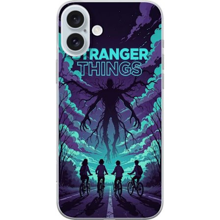 Yhteensopiva Puhelinkuori Apple Apple iPhone 16 Plus Stranger Things -inspiroitunut fantasiaillustraatio, jossa on tumma hirviö, pyöräilevät lapse