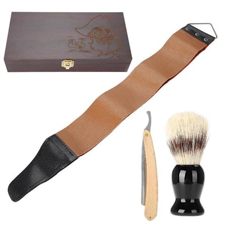 3st/set rakset, manuell rakhyvel, skäggborste, rak-läder, trälåda
