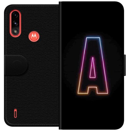 Kompatibel Tegnebogsetui til Motorola Motorola Moto E7 Power Minimalistisk neonbogstav A i regnbuefarvet lys mod sort baggrund i moderne typografisk s