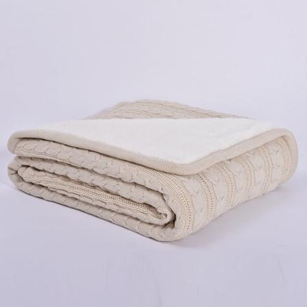 Fleece-foret snoet strikket uldtæppe Kontorlur Tæppebetræk Tæppe Sofabetræk i ren bomuld Beige 120*180cm