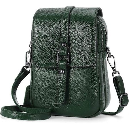 Mobiltelefon taske til kvinder med rem, ægte læder skuldertaske, letvægts dobbelt lynlås mobiltelefon taske til damer, piger (Grøn)