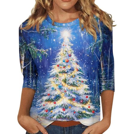 |NN|3/4 Hihaiset Joulupuserot Naisille Glitter Joulukuusi Painatus Topit Paidat 2025 Juhlava Arki Pyöreäkauluksiset Juhla T-paidat #5