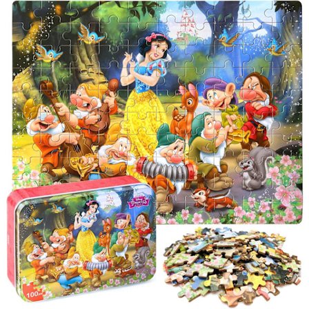 Disney Princess puslespil i en metalæske 100 brikker Snehvide og de syv dværge puslespil til børn i alderen 4-8 år Børns pædagogiske puslespil legetøj