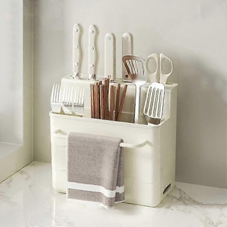 Kjøkkenknivstativ og -organisator, kompatibel med spisepinner og skjærebrett, inkluderer en knivavløper og har stor kapasitet